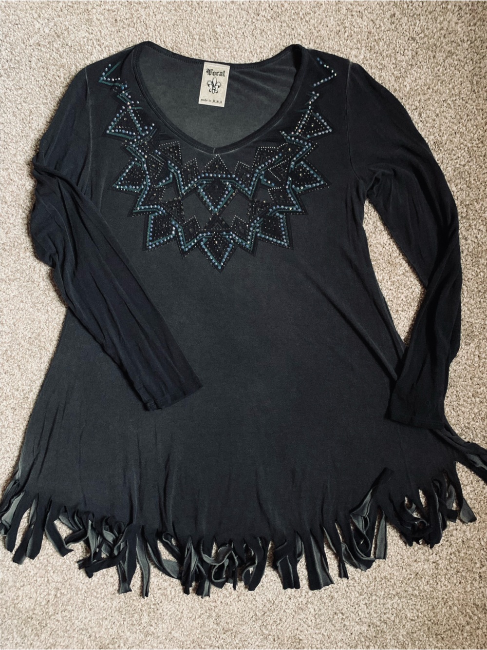 Vocal Long-Sleeve Studded Dark Gray Tunic with Fringe